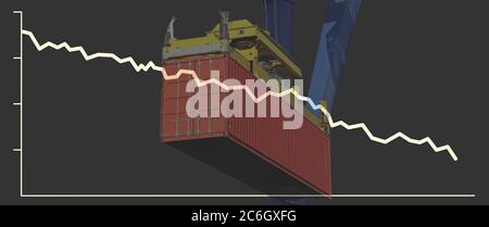 Komponieren mit einem fallenden Aktienkurs und einem Container als Symbol einer rückläufigen (Welt-)Wirtschaft Stockfoto