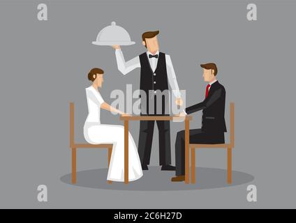 Cartoon Mann und Frau in formeller Kleidung sitzen am Tisch und Kellner mit Serviertablett an der Seite. Vektor-Illustration eines romantischen Abendessen Datum Isolat Stock Vektor