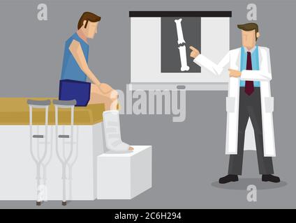 Orthopädischer Spezialist erklärt Röntgenfilm mit gebrochenem Knochen zu Patienten mit Bein in Gipsabguss. Vektor-Illustration auf medizinische und orthopädische concep Stock Vektor