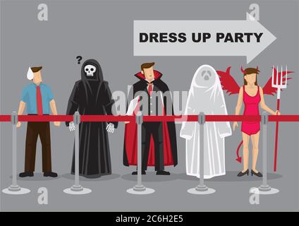 People in fancy costumes as different characters waiting in behind queue barrier for dress up party, Vector cartoon illustration for fancy dress party Stock Vektor