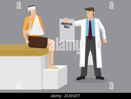 Cartoon-Figur in weißem Gewand als Gesundheitsdienstleister mit Bandagen Mann eine riesige medizinische Rechnung. Vektordarstellung zum medizinischen Kostenkonzept isoliert Stock Vektor