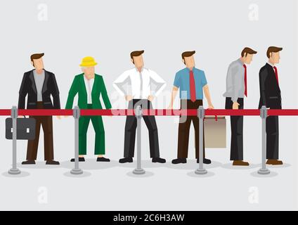 Vektor-Illustration von Menschen, jung und alt, stehend in der Linie hinter Warteschlangen Barrieren isoliert auf schlichten Hintergrund. Stock Vektor