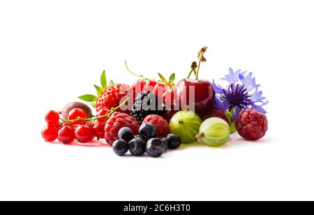 Früchte und Beeren isoliert auf weißem Hintergrund. Reife Johannisbeeren, Himbeeren, Kirschen, Erdbeeren, Stachelbeeren, Maulbeeren und Heidelbeeren. Zurück Stockfoto