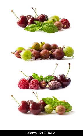 Stachelbeeren, Kirschen, Himbeeren, Maulbeeren und Stachelbeeren auf weißem Hintergrund. Früchte isoliert auf weißem Hintergrund. Beeren und Früchte mit Cop Stockfoto