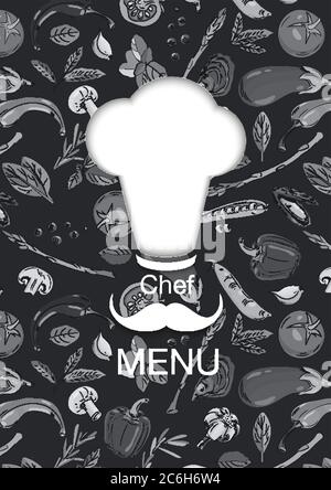 Kochkappe in Vektor. Hut auf dem Hintergrund des Musters von Gemüse. Vegetarische Köche. Postkarte und Abdeckung für Café, Restaurant. Stock Vektor