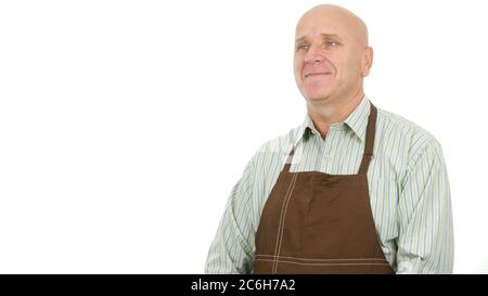 Mitarbeiter trägt Apron Smile zufrieden in einer Kleinunternehmen-Präsentation Stockfoto