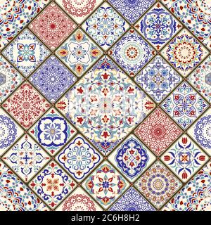Nahtlos farbiges Patchwork. Mosaikfliesen. Vintage-Multicolor-Muster im türkischen Stil. Handgezeichneter Hintergrund. Islam, Arabisch, Indisch, Ottomane Motive Stock Vektor