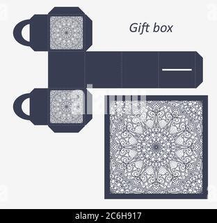 Durchbrochene Geschenkpapierbox mit einem Griff.Grußverpackung mit Spitzenmuster. Verpackung, Muster geeignet für Laserschneiden, Plotter schneiden oder drucken. Stock Vektor
