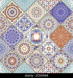 Nahtlos farbiges Patchwork. Mosaikfliesen. Vintage-Multicolor-Muster im türkischen Stil. Handgezeichneter Hintergrund. Islam, Arabisch, Indisch, Ottomane Motive Stock Vektor