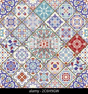 Nahtlos farbiges Patchwork. Mosaikfliesen. Vintage-Multicolor-Muster im türkischen Stil. Handgezeichneter Hintergrund. Islam, Arabisch, Indisch, Ottomane Motive Stock Vektor