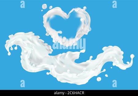 Milch Spritzer Vektor realistische 3D, Herz Liebe. Clipart für Design Lebensmittelverpackungen. Natürlich, Milchprodukte, Bauernhof, nützlich. Kefir, Joghurt, Dessert. Stock Vektor