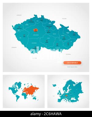 Editierbare Vorlage der Karte der Tschechischen Republik mit Marken. Tschechische Republik auf der Weltkarte und auf der Europakarte. Stock Vektor