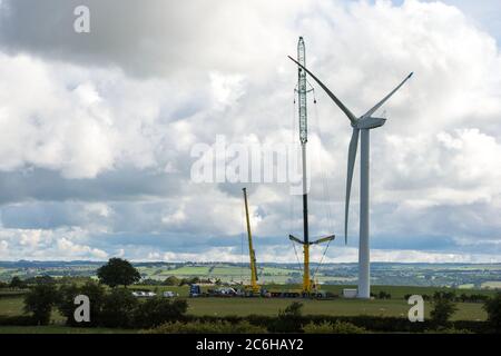 Larkhall, Schottland, Großbritannien. Juli 2020. Im Bild: Eine riesige Windkraftanlage steht ein paar hundert Meter hoch mit einem massiven Industriekran mit einem Verlängerungskräne am Ende, um zusätzliche Höhe Stände neben der Turbine halten die Blattstruktur an Ort und Stelle zu geben. Grüne Energie ist ein großes Geschäft, und wenn Großbritannien seine Ziele für erneuerbare Energien archivieren soll, müssen mehr Windenergieanlagen an Land und auf See gebaut werden. Quelle: Colin Fisher/Alamy Live News Stockfoto