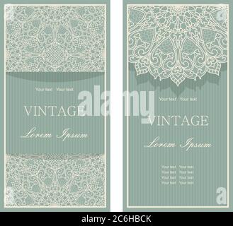 Set aus Grußkarte, Einladung und Werbebanner, Broschüre mit Platz für Text. Vintage Einladung oder Hochzeitskarte mit Damast-Muster Stock Vektor