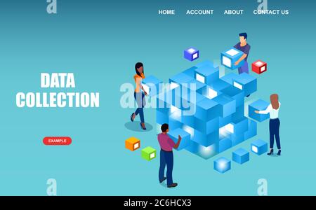 Isometrischer Vektor der Personen, die Big Data sammeln. Stock Vektor