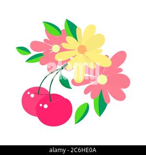 Frühlingsblumen Zweige mit Kirsche in Pastellfarbe. Mode Vektor Ornament isoliert auf weißem Hintergrund für textile Blumendekoration, Drucke, Ikonen Stock Vektor