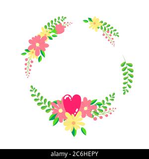 Blumenkranz Rahmenvorlage im flachen Design Stil mit Wildblumen, Herz und Blumenzweige, kopieren Raum Platz für Text. Designelement drucken. Vektor Stock Vektor