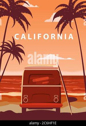 Surfer Orange Bus, Van, Camper mit Surfbrett am tropischen Strand. Poster California Palmen und blauen Ozean dahinter. Retro-Illustration der Moderne Stock Vektor