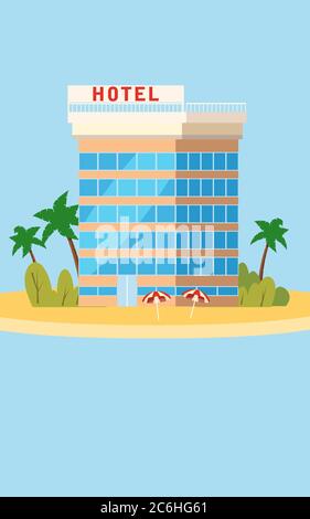Hotel, Urlaub, Reisen, tropische Insel, Gebäude, Palmen, Sonnenschirme, Meer, Konzept, Vorlage, Banner, für Werbung, Vektor Stock Vektor