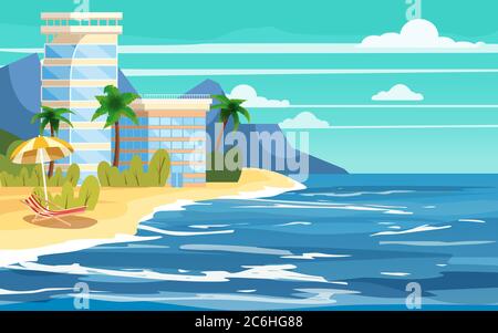 Tropische Insel, Gebäude Hotels, Urlaub, Reisen, entspannen, Seeseat, Meer, Strandstuhl, Sonnenschirm, Vorlage, Banner, für Werbung, Vektor Stock Vektor