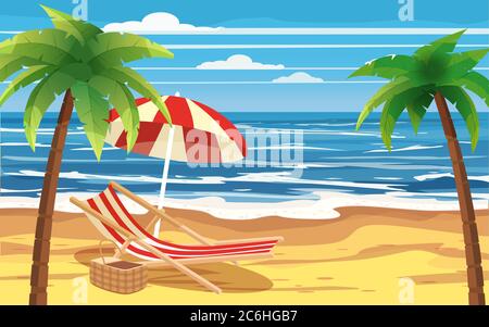 Urlaub, Reisen, entspannen, tropischer Strand, Sonnenschirm, Palmen, Strandstuhl, Seesee, Meer, Vorlage, Banner, für Werbung, Vektor, Illustration Stock Vektor
