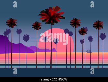 Sommerurlaub Straße, tropischer Strand Sonnenuntergang, Meer, mit Palmen, Vektor-Illustration, Poster, Baner, isoliert Stock Vektor