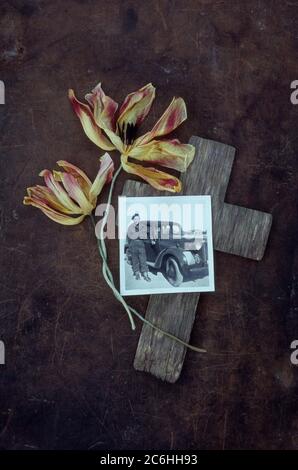 Verwittertes Holzkreuz auf angetäfeltem Metall mit zwei getrockneten gelben und roten Tulpen und Foto von Armeefahrer und Auto aus den 1950er Jahren Stockfoto