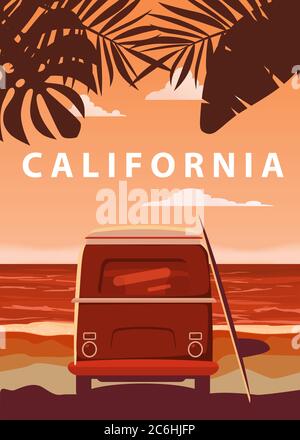 Surfer Orange Bus, Van, Camper mit Surfbrett am tropischen Strand. Poster California Palmen und blauen Ozean dahinter. Retro-Illustration der Moderne Stock Vektor