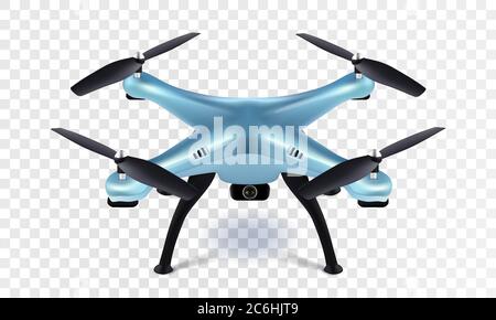 Realistischer 3D blauer Drohne Quadrocopter Quadrocopter auf transparentem Hintergrund. Vektor eps10 Stock Vektor