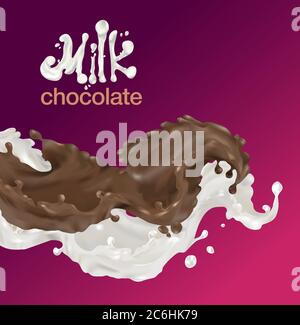 Milch und Schokolade Spritzer Vektor Welle 3D Realismus. Lebensmittelverpackungen, Werbung. Milchschokolade Brief, Inschrift. Stock Vektor
