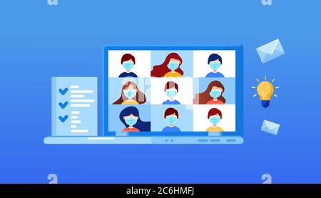 Videokonferenz mit verschiedenen Kollegen auf einem Laptop. Videokonferenzen zu Hause, Treffen mit Kunden. Vektorgrafik, flach Lay-Stil Stock Vektor