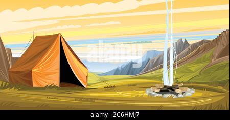 Lagerfeuerzelt in den Bergen. Sonnenuntergang, Sonnenaufgang. Wolken, Felsen und Hügel. Tourismus. Weiter Horizont. Vektor der Darstellung von Naturlandschaften. Cartoon Stock Vektor