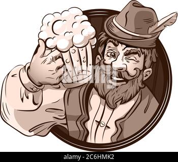 Bier trinken Vektor-Logo, Emblem, Festival. Bärtiger Mann, Bier. Deutsche, bayerische Kleidung. Stock Vektor