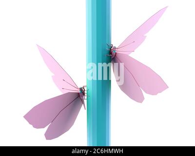 Ein paar Schmetterlinge sitzt auf einem Grashalm. 3D-Illustration mit niedrigem Poly Stockfoto
