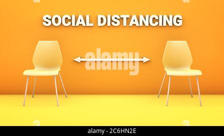 Sozial distanzierende Konzept mit zwei getrennten Stühlen in einem gelben Raum. Worte und Pfeile an der Wand. 3D-Rendering Stockfoto