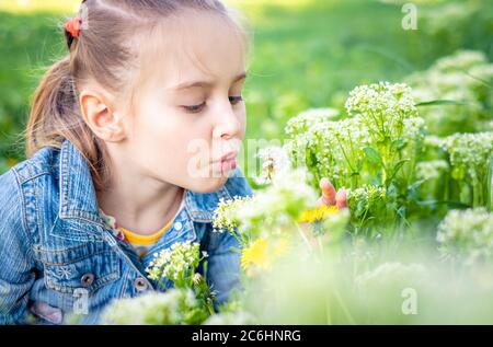 Kleine hübsche Mädchen weht Löwenzahn Blumen im grünen Park Stockfoto