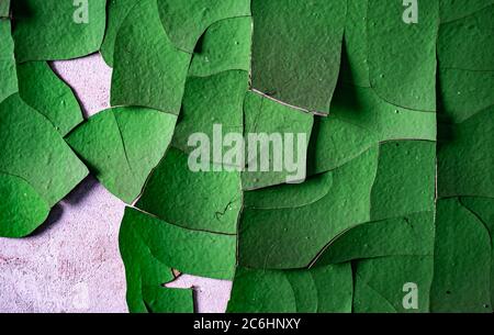 Alte, schmutzige, schäbige, grüne Wand mit Rissen und Kratzern Stockfoto