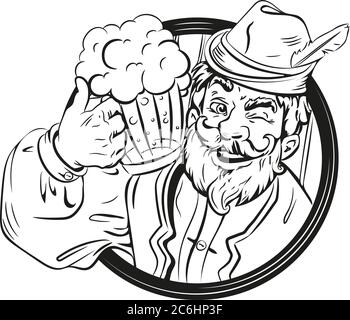Bier trinken Vektor-Logo, Emblem, Festival. Bärtiger Mann, Bier. Deutsche, bayerische Kleidung. Stock Vektor