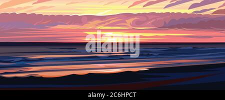Abend Sonnenuntergang am Strand, Sonnenaufgang im Meer. Küstenwellen, rosa Wolken. Sommer Natur Landschaft. Blick auf den Horizont. Flacher Cartoon-Stil. Wunderschön Stock Vektor