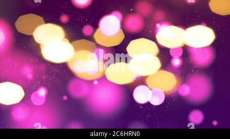 Abstrakter Bokeh Hintergrund. Leuchtend gelbe und rosa Partikel auf buntem Hintergrund. Stockfoto
