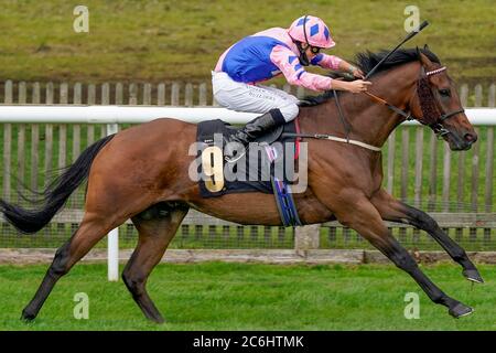 George Wood reitend Han Solo Berger gewinnt das Each Way Extra bei bet365 Handicap am zweiten Tag des Moet and Chandon July Festivals auf der Newmarket Racecourse. Stockfoto