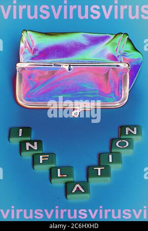 Bild des Finanzkonzepts. Kosten von Covid 19 zu Wirtschaft und Einsparungen. Leere Geldbörse. Keine. Armut. Idee Mangel an Geld, Kosten des Virus zu individua Stockfoto