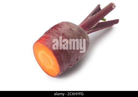 Studio Aufnahme von lila Karotte vor weißem Hintergrund geschnitten - John Gollop Stockfoto