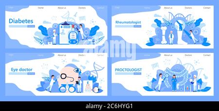 Diabeteskonzept Illustration für Endokrinologen. Proktologe, Rheumatologe Vektor für Klinik. Optiker überprüft Ihre Sicht. Blutzuckermessgerät, Knie Stock Vektor