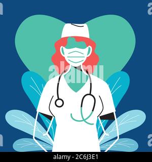 Junge Krankenschwester trägt Gesichtsmaske Vektor Illustration Design Stock Vektor