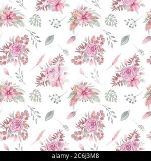Aquarell nahtlose Muster aus floralen Elementen auf weißem Hintergrund. Herbst Boho getrocknete Blumen, tropische Blätter, Eukalyptusblatt und Zweig Stockfoto