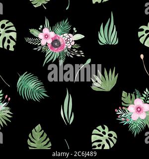 Aquarell nahtlose Muster aus floralen Elementen auf schwarzem Hintergrund. Rosa Blüten rosa Mohnblätter, tropische Blätter Monstera Palmenblatt. Botanische pa Stockfoto