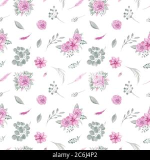 Aquarell nahtlose Muster aus floralen Elementen auf weißem Hintergrund. Rosa Blüten Rose Magnolienblätter, Blatt und Zweig von Eukalyptus Stockfoto
