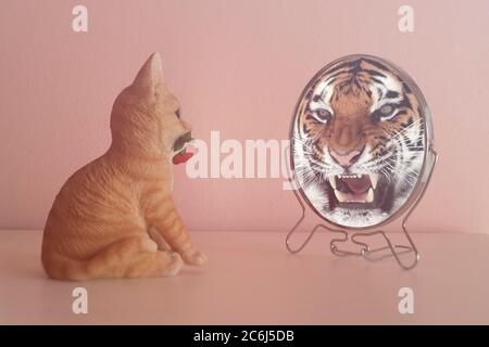 Kätzchen schaut in den Spiegel und sieht sich wie ein Tiger reflektiert. Selbstvertrauen-Konzept. Geschäftliches oder persönliches Wachstum. Stockfoto