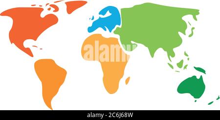 Mehrfarbige Weltkarte, die auf sechs Kontinente in verschiedenen Farben aufgeteilt ist - Nordamerika, Südamerika, Afrika, Europa, Asien und Australien. Vereinfachte Vektorkarte für glatte Silhouette. Stock Vektor